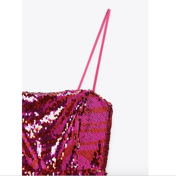 Zara Women NEW Spaghetti Strap PARTY SEQUIN MINI DRESS FUCHSIA 2157/263 XS M - Picture 6 of 7